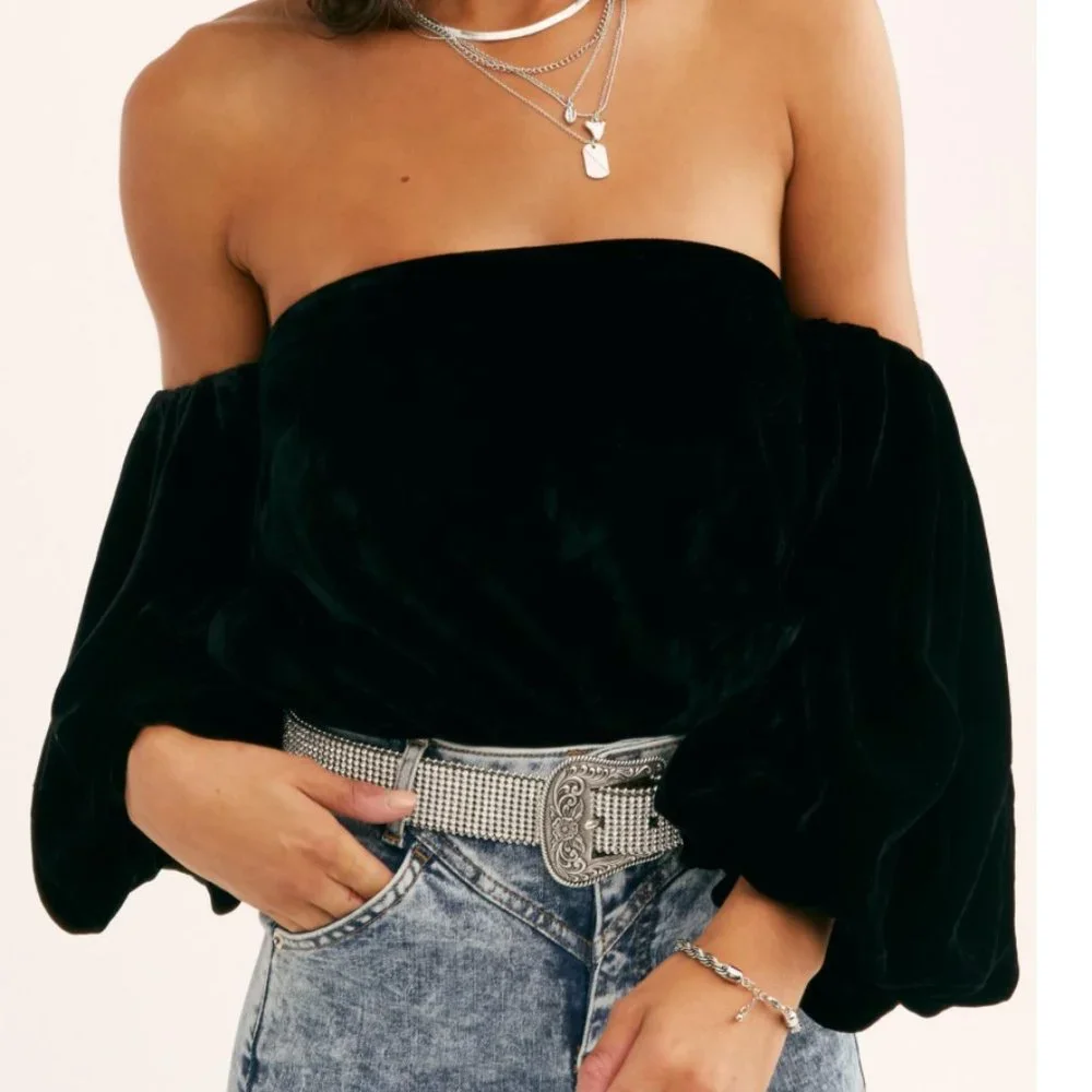 Free People Black Off-Shoulder Velvet Peasant Top